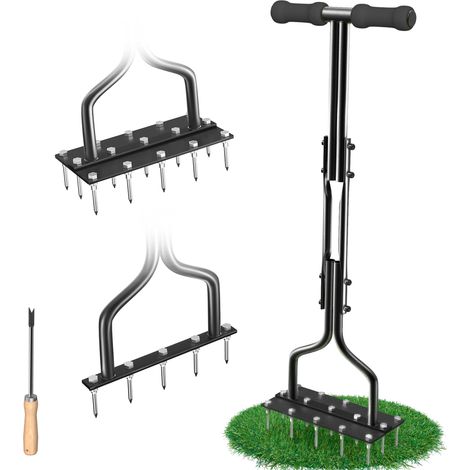 Aérateur de Pelouse en Métal Manuel pour Déchaumer la Pelouse avec 15 Pointes en Fer, Outils D'aérateur d'herbe pour Cour, Aération de Pelouse, Outil de Jardin, Poignée Noire