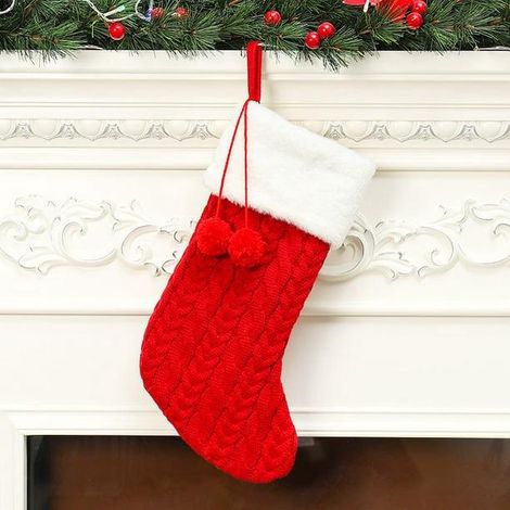 Bas de Noël en tricot Crème Bordeaux et Vert de luxe avec fausse fourrure en peluche pour décorations de vacances en famille torsadé (1/5)