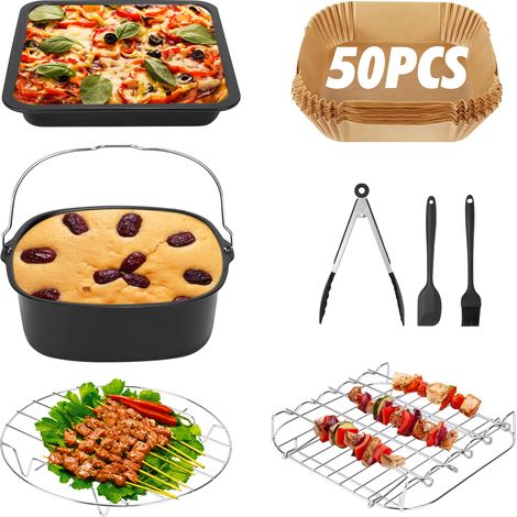 Lot de 8 accessoires pour friteuse à air chaud de 5,5 litres, comprenant un plateau à pizza, un panier à pain, 50 feuilles de papier sulfurisé, une grille et une grille à barbecu (1/5)