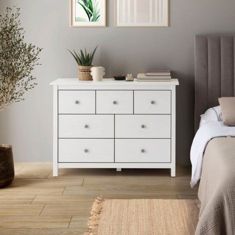 Cassettiera con 4 cassettoni e 3 cassetti in legno massiccio colore bianco Berna 110x40x80H