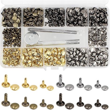 Kit de 480 rivets pour cuir, 3 tailles, rivets tubulaires métalliques à double tête, kit d'outils de pose 3 pièces (4 couleurs) (1/5)
