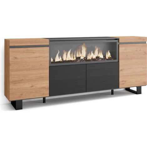 Skraut Home – Buffet salon et cuisine 208x87cm – 4 portes – Cheminée électrique XXL – Chêne et noir – Design industriel moderne (1/5)
