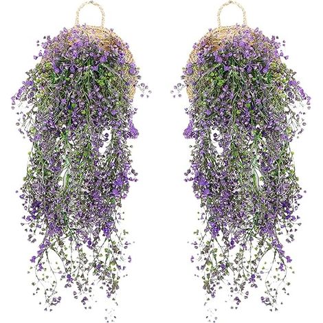 QAZQA 2 Pièces Panier Suspendu Fleur Artificielle, Fleurs Artificielles sur Mur, Fleurs Suspendues, Fleurs Artificielles pour Salon, 85cm Plantes Artificielles Suspendues pour Maison, Jardin(Violet) (1/5)