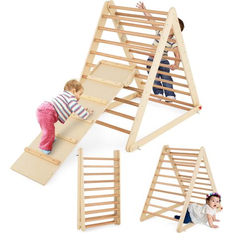 Echelle d'escalade triangulaire 120 x 71 x 110 cm 2-en-1 pliable et robuste pour enfants en bois naturel