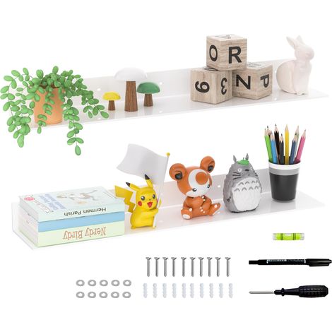 Étagères flottantes blanches de 76 cm pour décoration murale, organisateur de rangement mural en acrylique avec support d'étagères avec tournevis, lot de 2 (76 cm) (1/5)