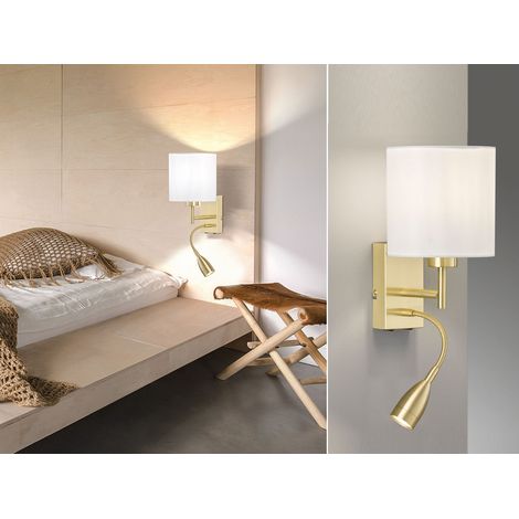 LED Wandleuchte Messing mit Leselampe & Stoffschirm Weiß, Höhe 28cm (1/5)