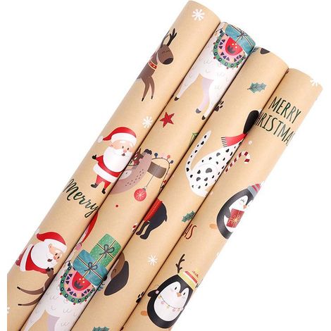 de papiers cadeaux Noël papier - flocons neige voitures et sapins rayures joyeux Lot 20 kraft (1/5)