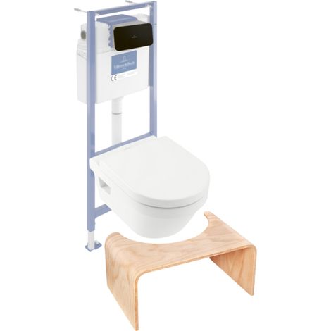 Pack inodoro sin reborde VILLEROY ET BOCH Architectura con asiento + estructura de soporte de suelo y pared Viconnect PRO + placa negra mate + taburete de madera