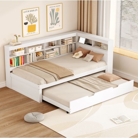 CHICFURN Cama nido 90x200 cm de madera blanca con almacenaje y puerto USB (1/5)