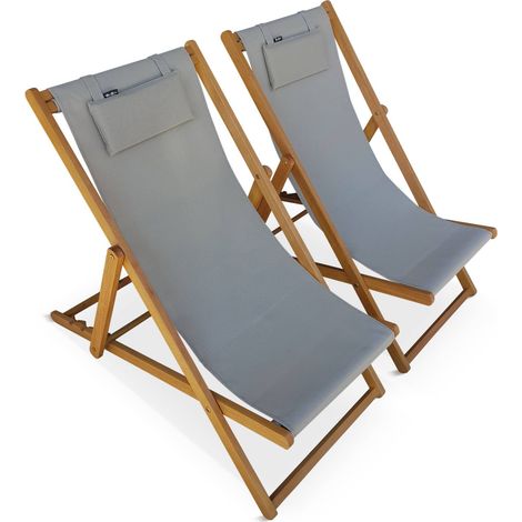 Chiliennes bois - Creus - 2 transats en bois d'Eucalyptus huilé avec coussin repose-tête gris taupe