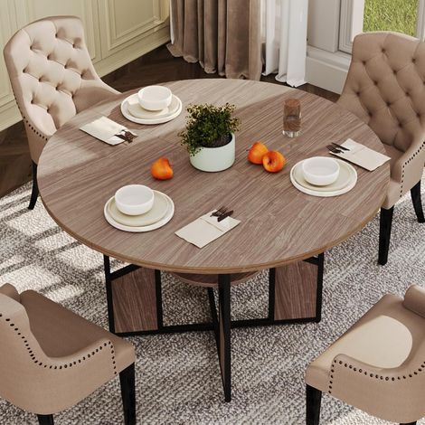 Table à manger ronde en bois 150 cm - 4 à 6 personnes - Étagères de rangement et pieds acier - Marron (1/5)