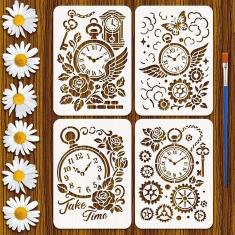 4 Styles Pochoirs Horloges à Engrenages Vintage Avec Un Pinceau 29.7x21cm 4 Styles Pochoirs Horloges Créatives Ailes Fleurs Roses Mots Clés Modèle Pet pour Bois Sol Mur Carrelage Tissu (1/5)
