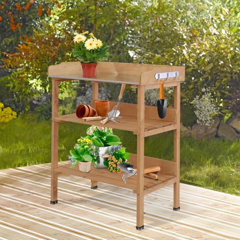 Outsunny Table de rempotage avec 2 étagères 3 crochets outils table de jardinage plateau tôle acier galvanisé avec rebord - table de plantation bois sapin pré-huilé (1/5)
