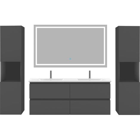 Ocean Ensemble meubles Salle De Bain 120cm 4 tiroirs double vasque + colonne + miroir LED Anthracite 5pcs