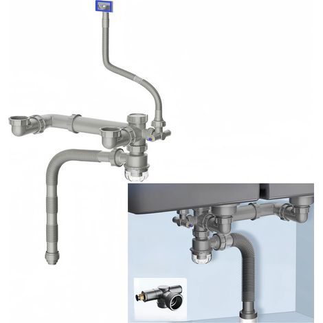 Platzsparendes Doppel-Abfluss-Set für Spülbecken, flexibles und erweiterbares Abfluss-Set für Küchenspüle, P-Siphon mit 4-Wege-Einstelladapter (1/5)