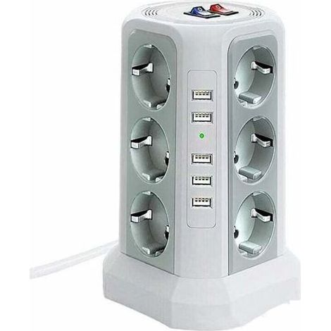 Tour multiprise avec protection contre les surtensions, multiprise avec 5 ports USB et 12 prises, multiprise avec 3 interrupteurs, blanc (1/4)