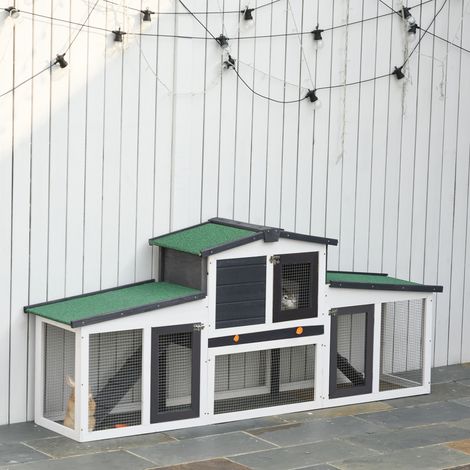Kaninchenstall aus Holz mit Klappdach, Leiter und herausnehmbarer Schale, Außenstall 197 x 49 x 86 cm, Grau (1/5)