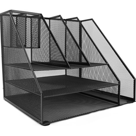 Organisateur bureau noir métal maille 3 niveaux – Plateau papier lettres 2 porte-stylos et fichier, organisation (1/5)