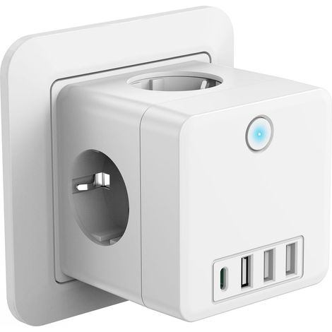 Multiprise USB, 8 en 1 Prise Murale 4 Prises avec 3 USB et 1 USB C Secteur, 3680W 16A Prise Murale avec Interrupteur, Cube Multiprise Blanc, pour Domicile/Bureau/Voyage (1/5)
