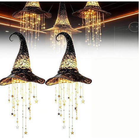 Lot de 2 Décoration Halloween Lumineuse LED, Chapeau de Sorcière Suspendu pour Intérieur, Extérieur, Porche et Fête (1/5)