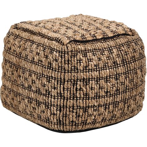 Pouf Ottoman Carré en Jute et Coton avec Pompons Remplissage Billes EPS salon en Jute et Coton Beige Mabula