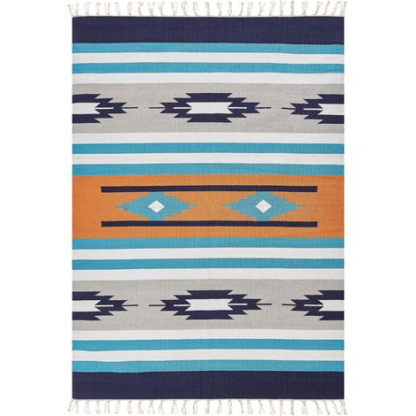 Tappeto Kilim in cotone intrecciato a mano 200 x 300 cm Modello geometrico reversibile con frange multicolore Noratus