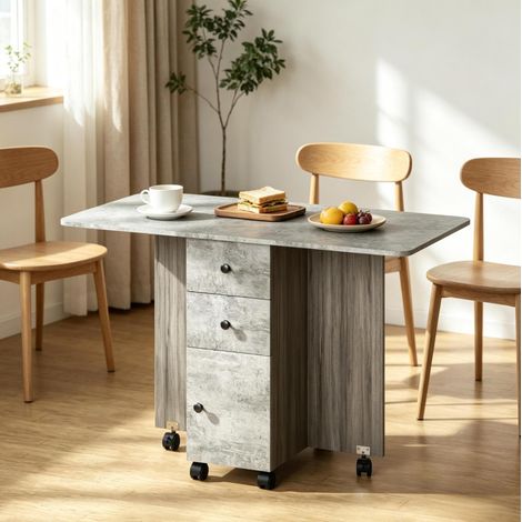 Tavolo da pranzo pieghevole 120x60x76.5 cm, con 2 piani ribaltabili, cassetti, ruote, truciolato grigio (1/5)