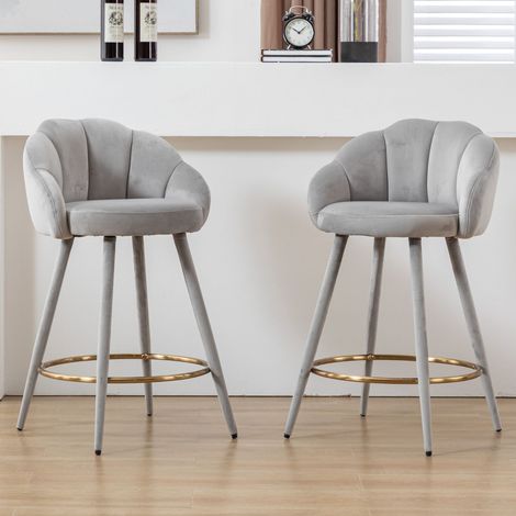 Wahson Tabouret de Bar en Velours,Lot de 2 Chaise de Bar avec Sièges Rembourrés Chaise Haute Cuisine avec Repose-Pieds Métal, Gris