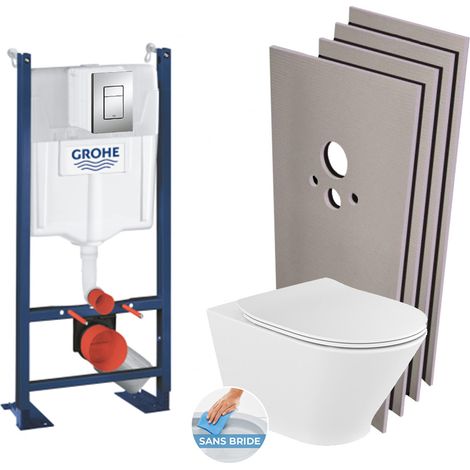 Grohe Pack WC Bâti autoportant + WC Roca Gap sans bride fixations invisibles + Plaque chrome + Set habillage (ProjectTheGap-1-sabo) (1/5)