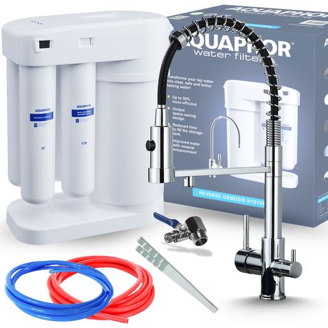 Conjunto de filtro de agua potable por ósmosis inversa Aquaphor Morion 101S + grifo de cocina cromado de tres vías con resorte sólido. (1/5)