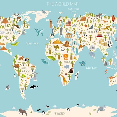 papier peint panoramique carte du monde pour enfants bleu et multicolore - Sanders & Sanders (1/5)