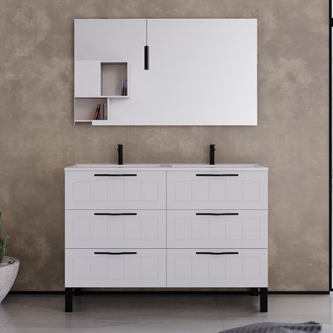 Meuble de salle de bain 140cm double vasque - 6 tiroirs - blanc - CALA (1/5)