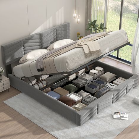 Letto matrimoniale imbottito moderno 160x200 cm in velluto grigio con testiera regolabile e contenitore idraulico (1/5)