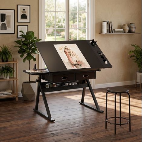 Bureau de dessin réglable 98x60 cm noir MDF métal avec tabouret pour télétravail - CHICFURN (1/5)