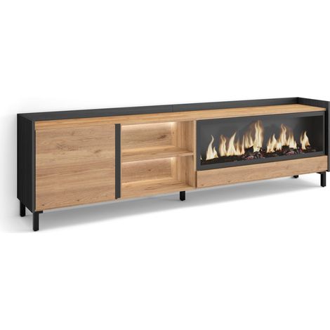Skraut Home - Meuble TV, Banc Télé, Grand espace de Rangement, 212x35x61cm, Pour les TV jusqu'à 80", Cheminée électrique XXL, Design industriel, LED, Style moderne, Chêne et noir (1/5)