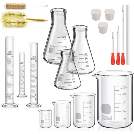 Kit de Bécher Cylindrique Flacons Erlenmeyer en Verre 17 Pièce 4 Gradué Borosilicate Bécher, 3 Graduated Cylindre, 3 Flacon, avec 3 Pipette en Verre, 2 Agitateurs et 2 Brosse Nettoyage