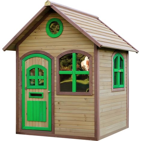 Cabane de jardin pour enfant en bois FSC marron et vert – Maisonnette avec fenêtres – Dimensions 120x120cm – Pour extérieur – AXI (1/6)