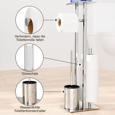 Porte-papier toilette en acier inoxydable - Avec brosse WC - Avec plateau - Porte-papier toilette avec brosse WC - Porte-rouleau de papier toilette debout avec étagère en verre - Argenté (1/5)
