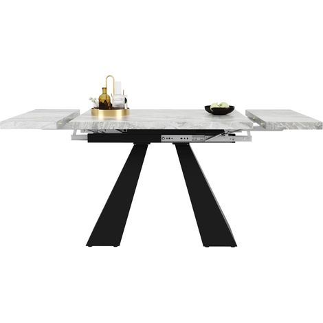 Table à manger télescopique extensible (99-159×74cm), table de cuisine peu encombrante, grande surface de travail, design flexible, pour bureau à domicile et salon, plateau gris avec pieds colonnes (1/5)