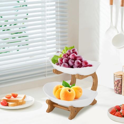 Obstkorb Etagere, 2-Stöckige Obstschale, Obstkorbständer, Obstserviertablett mit Natürlichem Bambus Ständer Servierteller für Obst, Kuchen, Süßigkeiten, 14.822.521.5 cm