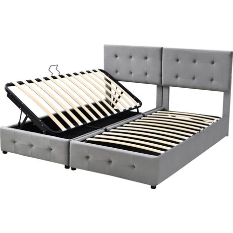 CAIziLit capitonné 180x200 cm, lit de rangement hydraulique, lit coffre haut, lit double multifonctionnel, tissu velours doux pour la peau, gris (1/5)