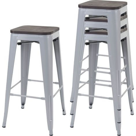 Juego de 4 taburetes de bar con asiento de madera, estructura de metal gris, diseño industrial, apilables 040007578 (1/5)