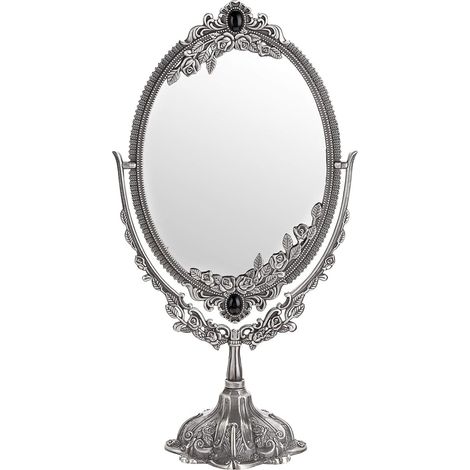 Makeup Mirror Vintage Decorative Mirror Oval and Double-Sided Mirror for Table, Photography, Dressing Room (Large, Silver) (1/5)