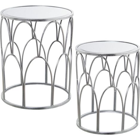 Lot de 2 Tables d'appoint Rondes en métal et Miroir en Argent 42 x 52 cm et 37 x 45 cm (1/3)