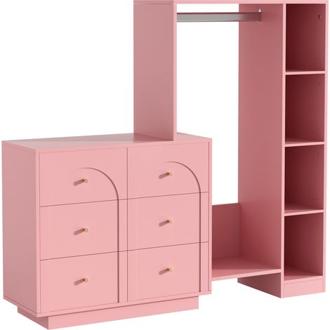 Offener Kleiderschrank in Rosa mit Stange, 6 Schubladen und Seitenregalen 139 x 35 x 133 cm (1/5)