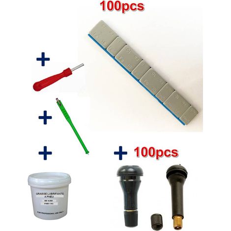 Kit 100 Plombs Masses d’Equilibrage Adhésives 4x5g+4x10g + 100 Valves TR413-414 + Tire Valve + Démonte Obus + Graisse Pneu