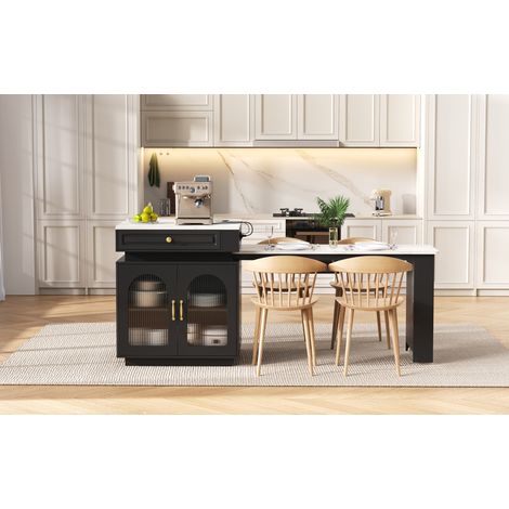 Îlot de cuisine extensible avec roulettes, LED, prises USB/Type-C, noir 200 x 71 x 92 cm, REDOM (1/5)
