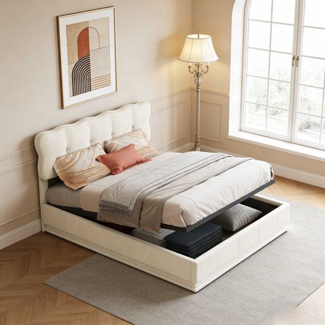 Lit double adulte 140x190 cm en velours avec rangement pneumatique, éclairage LED et télécommande