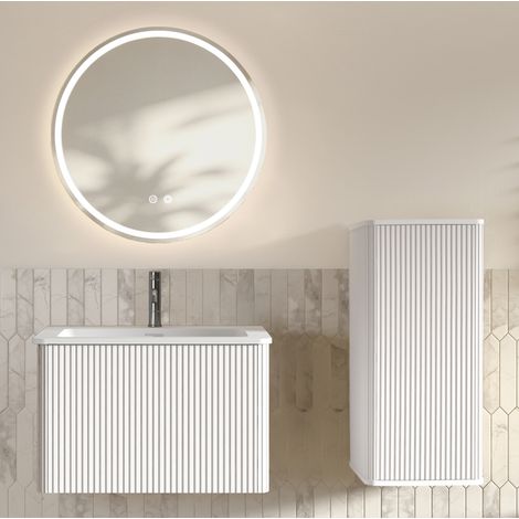Set mobile bagno 60 cm con lavabo, specchio LED rotondo e armadietto laterale bianco (1/5)