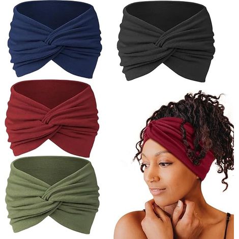 Paquete de 4 diademas elásticas bohemias extra anchas de 18 cm (7 pulgadas) para el verano y el deporte. (1/5)